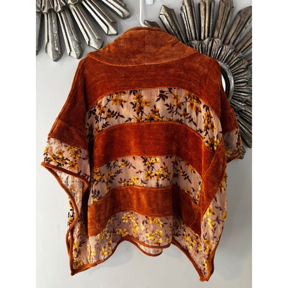 Adore Women Burnt Orange Corduroy Floral Mesh Cowl Neck Poncho Top Small Boho - Picture 5 of 8